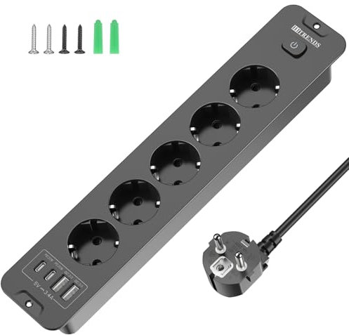Toma de Empotrar Corriente con 2 USB y 2 Type-C, 5 Tomas Enchufes Multiple Empotrada de Sobremesa con Interruptor, Regleta de Enchufes Empotrada con Cable de 2M para Muebles de Encimera, Negro