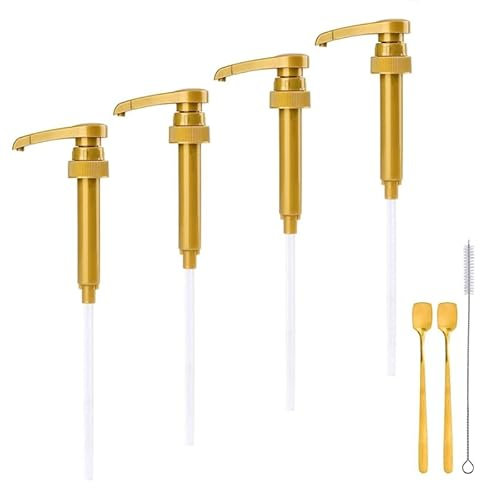 JOERBABU Lot de sirops à café dorés avec 4 pompes, 2 cuillères et 1 pinceau - S'adapte à la plupart des bouteilles de 750 ml - Distributeur réutilisable pour boissons à la maison