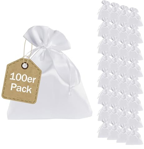 SPRINTIS Satinsäckchen weiß, 10 x 13 cm (100 Stück) - edle Geschenkbeutel mit Satinband – wiederverwendbare Schmuckbeutel, perfekt für Weihnachten und Hochzeit