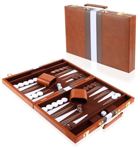 Vehipa Backgammon-Set für 2 Spieler, 15 Zoll Backgammon Koffer mit komplettem Zubehör, Tragbares Reisespielset Back Gammon Reise für Erwachsene (Braun)