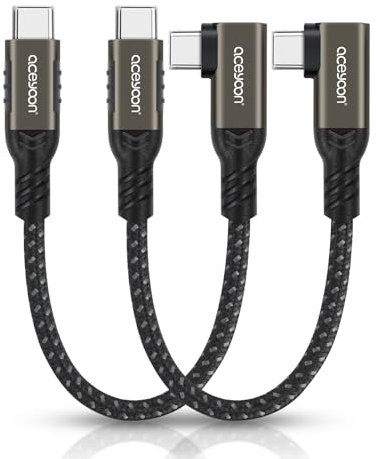 aceyoon 240W Cable USB Type C Corto 10cm, 2 PCS USB C a USB C Cable 5A PD Cable de Carga Rápida Type C ángulo de 90 Grados con Chip E-Maker para iPhone 16 15 Pro Max, para Galaxy, para Huawei