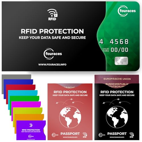 fouraces 12er Set RFID Blocker Schutzhülle - 10x Kreditkartenhülle, 2X Reisepasshülle, Pappe, Block gegen Datenklau, NFC Schutzhüllen, Hüllen für Kreditkarten, Bankkarten und EC Karte, Kartenhülle