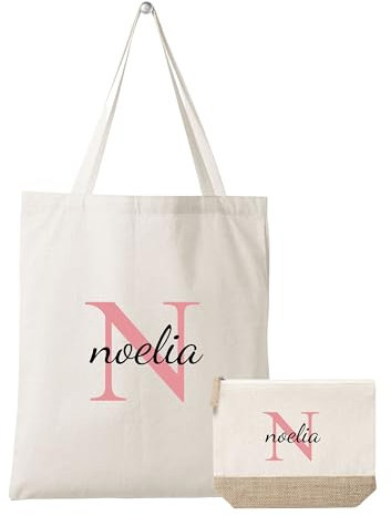 Pack Bolsa y Neceser Personalizados con Inicial y Nombre | Bolsa tela personalizada con Neceser de algodón y yute personalizado | Neceser y bolsa de tela Personalizable | Regalos Auténticos | Unisex