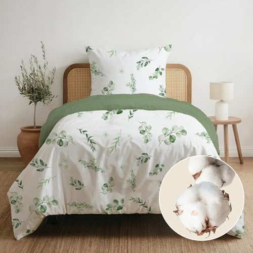 Dreamzie 1 Housse de Couette 140x200 avec 1 taie 65x65 en Coton – Parure de lit Feuilles Vertes avec Fermeture éclair – Oeko-Tex & Lavable 60°C - Linge de Lit 1 Personne