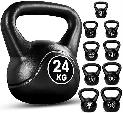 FK Sports Kettlebell Set - Heavy Weight Vinyl Kettlebells Set for Exercise Home Gym Workout - 16kg, 20kg, 24kg Kettlebell Weight Set for Women & Men - Gym Equipment for Home (Black, 24KG)