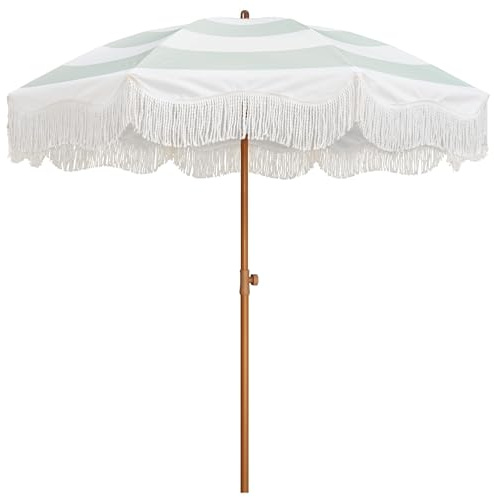 Sonnenschirm Mit Fransen,Sonnenschirm Fransen Boho-Fransenschirm For Die Terrasse, 2,08 M, LSF 50+, Picknickschirm Mit Quasten, Stahlstange(Vintage Green Stripe)