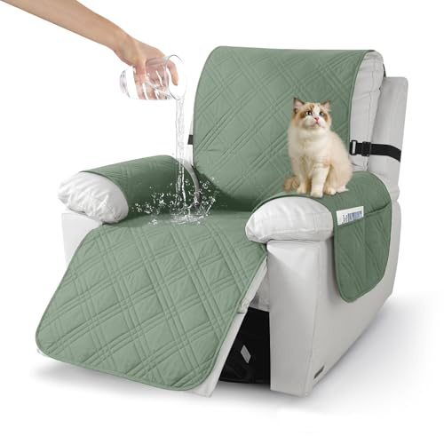 Bocguy Sesselschoner, Sesselbezug Wasserdicht, Sessel Überzug mit Seitentaschen, Sesselhusse Armlehnenschoner, rutschfest Sesselauflage für Relaxsessel und Fernsehsessel Maschinenwaschbar(Grün)