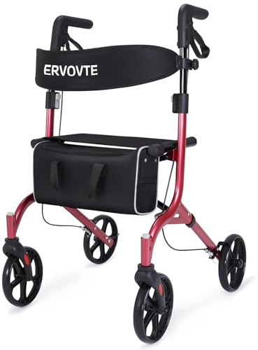 Rollator faltbar und leicht mit Sitz, Rollatoren für Senioren mit Doppelbremsen, 8-Zoll-Großräder für Draußen und Drinnen, höhenverstellbar und 136 kg Tragfähigkeit
