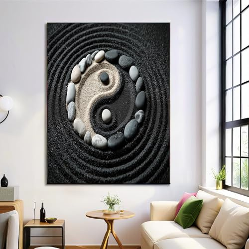 ZISTRCBAO Kieselstein-Yin-Yang-Symbol Bild Auf Leinwand 60×90 cm, Zen-Thema Wohnzimmer Deko Wandbild Kunstdruck Auf Leinwand Bild Schlafzimmer über Bett Room Decor Geschenke, Grau