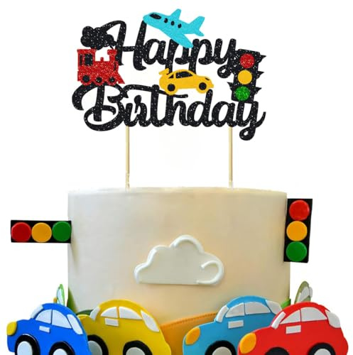 YUEcthynous Verkehrsmittel Tortendeko Geburtstag,Cake Topper Kuchendeko Glitzer Reisen Theme Party Kuchen Deko, Flugzeug, Zug, Auto, Ampel Geburtstagstorte Deko, Cake Topper für Kindergeburtstag
