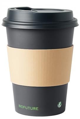 BIOFUTURE Disposable Coffee Cups 50 x 8oz – Compostable Paper Cups with Black Lids and Sleeves, Eco-Friendly & Biodegradable, Ideal for Hot Drinks, Takeaway or Travel, EN 13432 Certified (Black)