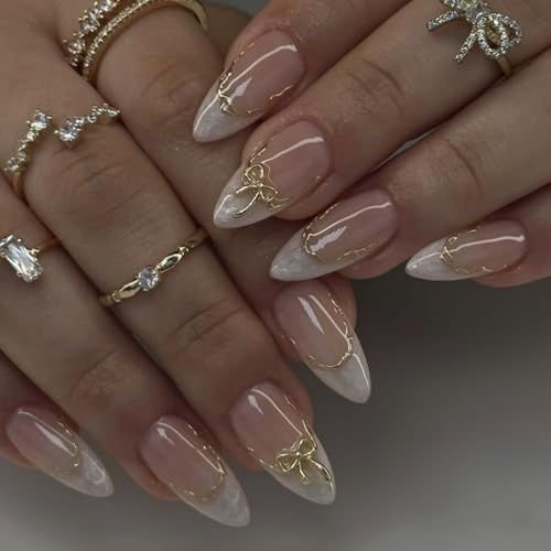 24PCS False Nails Almond - White Pearl French Tip False Nails with Golden Line Bow Design - Stick on nails with Gold Bow Patterns - Glossy Full Cover Nail for Women Girls Valentines Day Gift