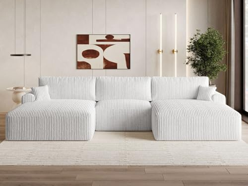 GRAINGOLD Serene U Ecksofa mit Schlaffunktion & Bettkasten 391x145 cm, U-Form Sofa mit Stauraum, Schlafcouch für Wohnzimmer, Cord-Stoff, 5-Sitzer Wohnlandschaft, Modernes Design (Grau)