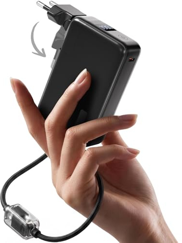 Power Bank 10000mAh, Powerbank für iPhone mit Integriertem Klappbaren EU-Stecker & Robuste USB-C & iOS-Kabel, 22.5W Schnellladung, Kompakt & Flugzeugtauglich – für iPhone 17/Pro Max/16/15/14 & iPad