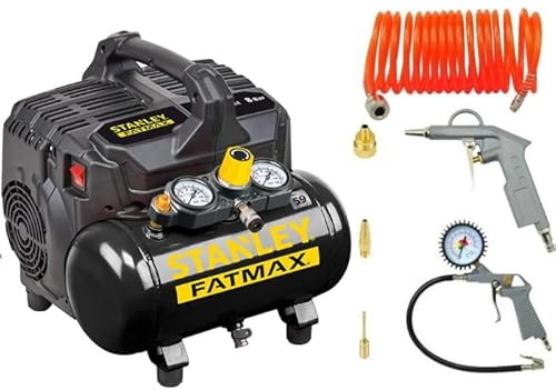 Stanley Luftkompressor 8 Bar 6L FATMAX mit Druckluftwerkzeug Set - Kompressor mit Reifenfüller, Ausblaspistole und Spiralschlauch 5 m - Ölfrei