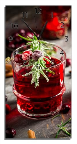 Wallario Design-Wanduhr, Acrylglasuhr Größe 30 x 60 cm, Schwarze Zeiger, Motiv Winterlicher Cranberry-Punsch mit Rosmarin