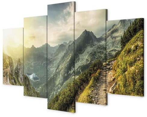 B&D XXL - Wandbilder XXL Landschaft Gebirge 225x112cm 5 tlg - Wand Deko Leinwand Bilder Groß Wanddeko Wohnzimmer Schlafzimmer Kunstdrucke - Natur Berge c-B-0037-b-m