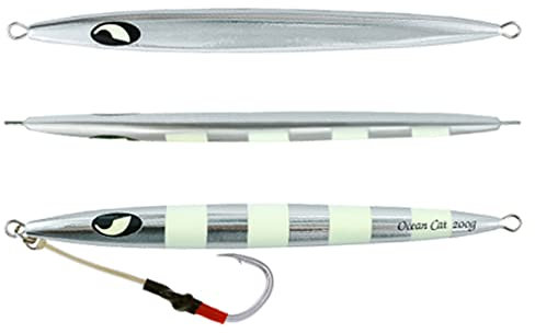 OCEAN CAT 1 PC Speed Fall Pitch Angeln LUERS sinkend führen Metall Jigs Jigs Köder mit Haken für Salzwasser-Angeln 17–27 cm 120 g/150 g/200g/250 g/300G/mandelfarben/500 g, Silber, 5 2/7oz(150g)