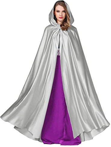 BEAUTELICATE Umhang Damen mit Kapuze Satin Cape Mantel Lang für Hochzeit Brautkleid Fasching Halloween Kostüm Mittelalter Robe Vampir Hexen (Helles Silber, Einheitsgröße)