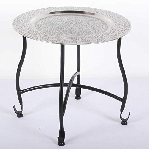 Casa Moro Orientalischer Teetisch Safi D40 cm rund | Beistelltisch mit Silber-Tablett & klappbarem Gestell in schwarz | Gartentisch | Kunsthandwerk | Ramadan Deko | TA7068