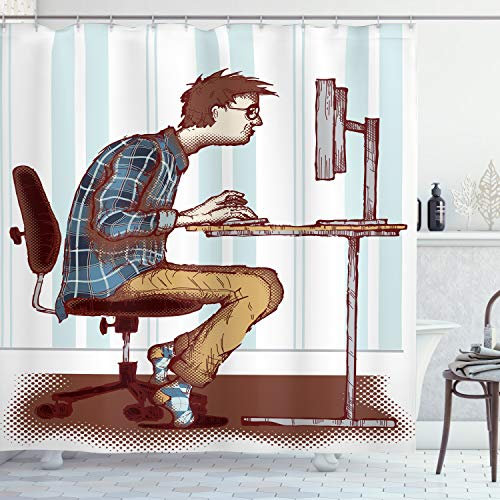 ABAKUHAUS Geek Rideau de Douche, Programmeur Guy Bourreau de Travail, Tissu Ensemble de Décor de Salle de Bain avec Crochets, 175 cm x 240 cm, Multicolore
