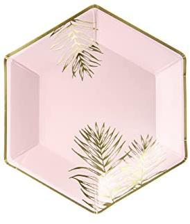 PartyDeco Pappteller Hellrosa mit gedruckten Blättern in Gold - Dekorative Teller für Geburtstagsfeier - Ladies Night - Einweg-Tischdekorationen