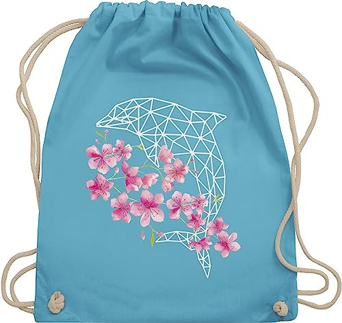 Turnbeutel Rucksack - Tiere Meerschweinchen Hase & Co. - Delfin mit Blumen - Unisize - Hellblau - tier tieren tiermotiv dolphin beutel kinderrucksack tiermotive delphin stofftasche giraffe delfine