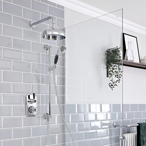 MILANO Thermostatic Mixer Valve 205mm Shower Head Riser Rail Chrome Black | Brass Construction. Lever & Crosshead Handles. Thermostatic Operation. Traditional Style. Suitable For All Plumbing Systems.