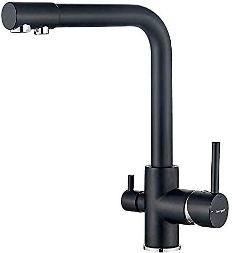 3-Wege Küchenarmatur (Trinkwasserhahn mit 360°Drehbarkeit, Doppelhebel, 3-in-1 Funktion für Wasserfilter, Heiß- und Kaltwasserauslauf, Hochdruckarmatur, mit 3 Schlauches 50 cm) Schwarz