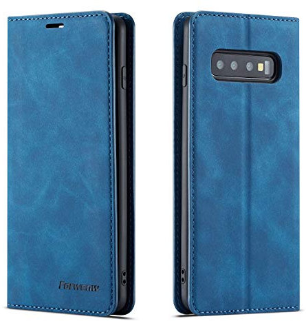 EYZUTAK Hülle für Samsung Galaxy S10, Magnetverschluss Premium PU Leder Flip Case mit Kartenfächern Brieftasche Standfuntion stoßfeste Silikonhülle Retro Ledertasche - Blau