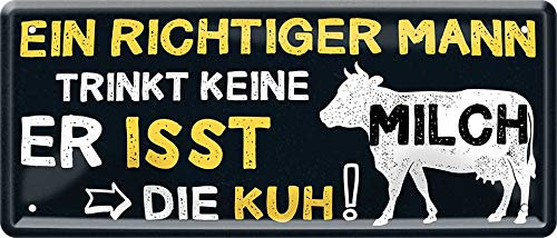 schilderkreis24 Blechschilder Kollektion 28x12cm – Lustige Grillsprüche: BBQ-Deko für echte Grillmeister: (EIN RICHTIGER MANN TRINKT KEINE MILCH ER ISST DIE KUH!)