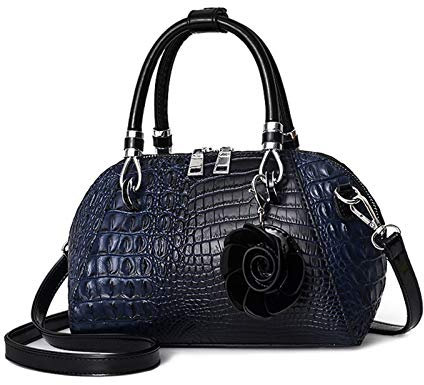 NICOLE & DORIS Handtasche Damen Klein Retro Umhängetaschen Henkeltasche Kroko Optik Schultertaschen PU Leder Tasche mit Blumen Anhänger Navy blau