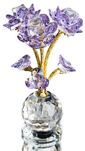 QFkris Purple Crystal Rose Flower Glass Figurine Collectible Statue Home Decor Wedding, Mothers Day, Centerpiece, Valentines Day, Bridal Shower