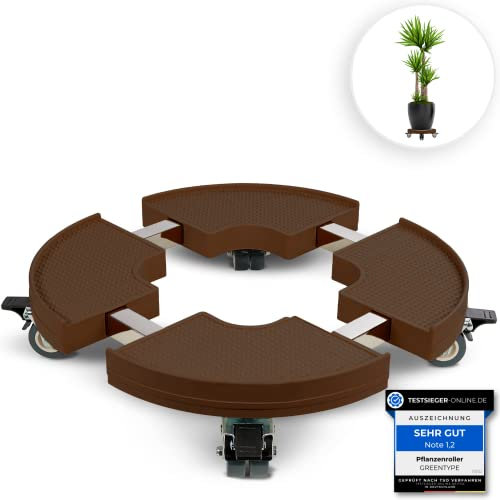GREENTYPE® Pflanzenroller rund bis zu 200 kg Blumentopf Rolluntersetzer mit Rollen individuell anpassbar von Ø 38 cm bis 46 cm mit Ablaufloch ideal für den Außenbereich und Innenbereich [Braun]