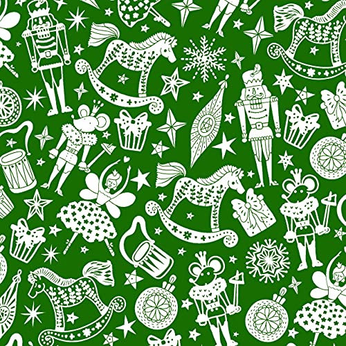 Polycotton Fabric Cracking Christmas Nutcracker Toys Festive Gifts Presents Xmas - Green (Per Metre)