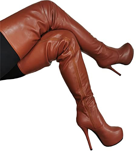 BeAUZQ Moda Donna Rosa Rossa Punta a Punta Stivali sopra Il Ginocchio 16 cm Tacchi a Spillo Stivali Alti alla Coscia Sexy spogliarellista Club Scarpe da Ballo Pole,Marrone,36
