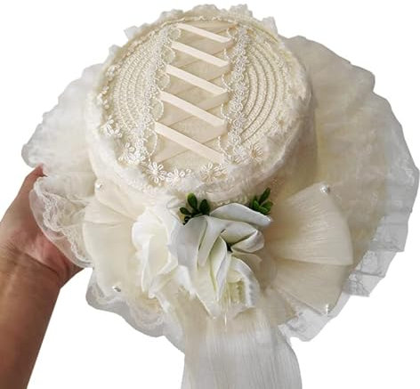 COSDREAMER Sonnenhut für Mädchen und Frauen, Teeparty, Spitze, Blumen, Schleifen, Motorhaube, Hüte, beige, Einheitsgröße