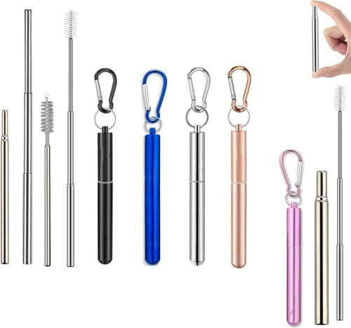 5 Stück Trinkhalme Edelstahl,Einstellbar Edelstahl Trinkhalme mit Metallgehäuse,Einziehbare Bürste,Metall Trinkhalme für Cocktail,Smoothie,Säfte