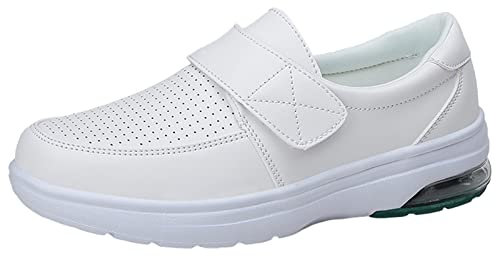 Zapatos De Enfermería para Mujer Zapatillas De Trabajo Sin Cordones Zapatos De Caminar Informales Antideslizantes Antideslizantes De Cuero Transpirable,Blanco,38 EU
