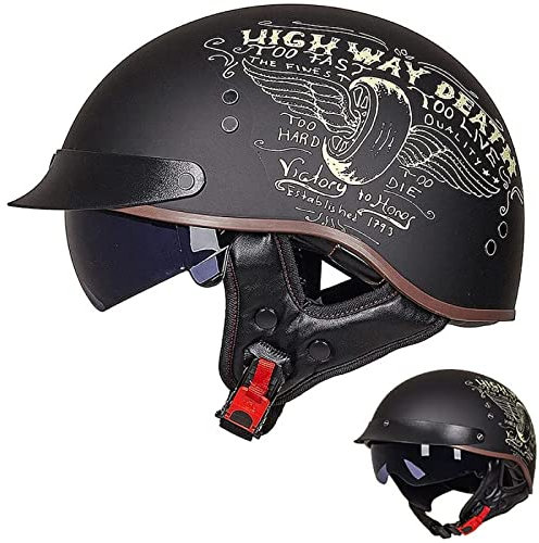 Casque Bol Brain-Cap Homologué ECE Demi-Coque Moto Vintage Visière Intégrée Cruiser Chopper Scooter Cyclomoteur