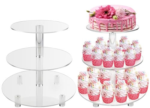 SicoVision 3 Tiers Round Cupcake Stand, Acrylic Cake Tower Stand Holder Macaron Display Rack Cookie Candy Buffet Desserts Platter with Base for Baby Shower, Birthday Party, Wedding, Party (5#)