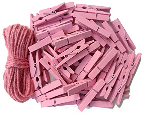 Lot de 50 épingles à linge en bois rose de 5,1 cm pour guirlande de photos de fête prénatale, pinces à linge décoratives avec ficelle de jute