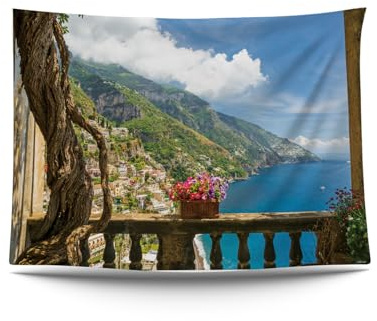 Ulticool – Ansicht Balkon Berge Meer Natur - Wandteppich Poster - 200x150 cm - Gartenposter - Wandteppich groß – Dekoration Zubehörteil für Garten und Wohnzimmer