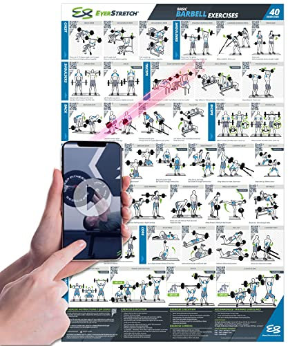 EverStretch Langhantel-Workout-Poster für das Fitnessstudio zu Hause – mit Videoanleitung – groß 58,4 x 88,9 cm | laminierte Übungstabelle