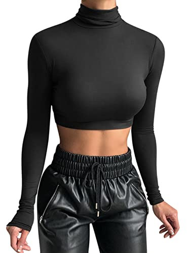 Crop Top Damen Langarm Rollkragen Pullover Sexy Basic Cropped Tops Slim Fit Komfort T Shirt Langarmshirt Rollkragenpulli Lässig Sport Oberteile Tunika Top Bluse Tee Sweatshirt Sweater Einfarbig