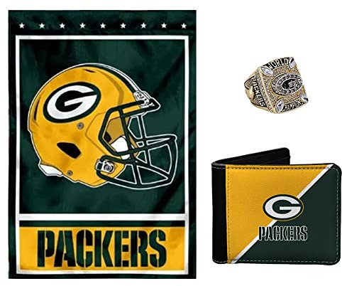 Edgell House Green Bay Packers Sports Memorabilia Geschenkset,Enthält einen '11 Replica Super Bowl Ring, eine Packers NFL Flagge und eine Green Bay Packers Ledergeldbörse, Grün-Gold, Leder