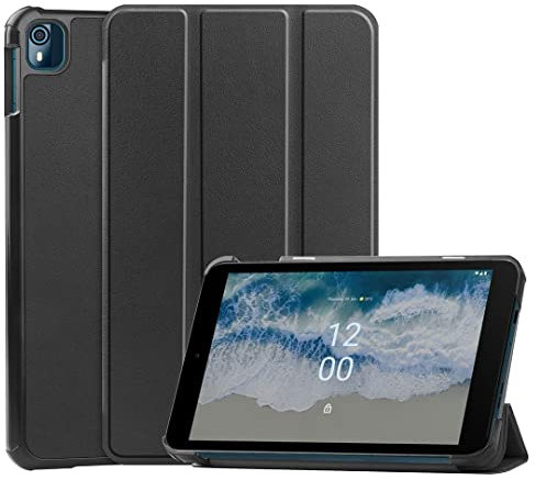 SATURCASE Case for Nokia T10, PU Leather Flip Foldable Folio Stand Slim Light Protective Tablet Cover (Black)