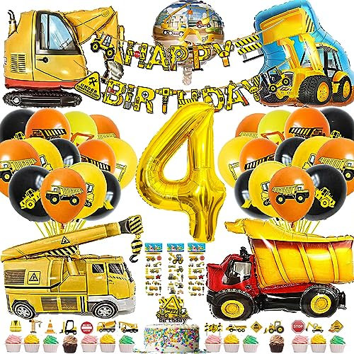 YHBXAMZ Bagger Deko Kindergeburtstag 4 Jahre, Kindergeburtstag Deko Jungen Luftballon 4, Bagger Luftballons Geburtstagsdeko, Bagger kuchendeko Geburtstag,Bagger 3D Sticker Kinder