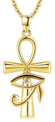 Midir&Etain Gold Ankh Kette Daman Halskette 925 Sterling Silber Auge des Horus Anhänger Halskette Ankh Kreuz Schutz Halskette Ägyptischer Schmuck Geschenke für Frauen Mutter