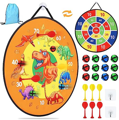 26 Inches Double-sided Foldable Kids Dart Board Set, Velcro Dart Board for Party Garden Games for Kids with 12 Velcro Balls, Outdoor Toys & Presents for 5 6 7 8 9 10 11 Year Old Boys, Dinosaur